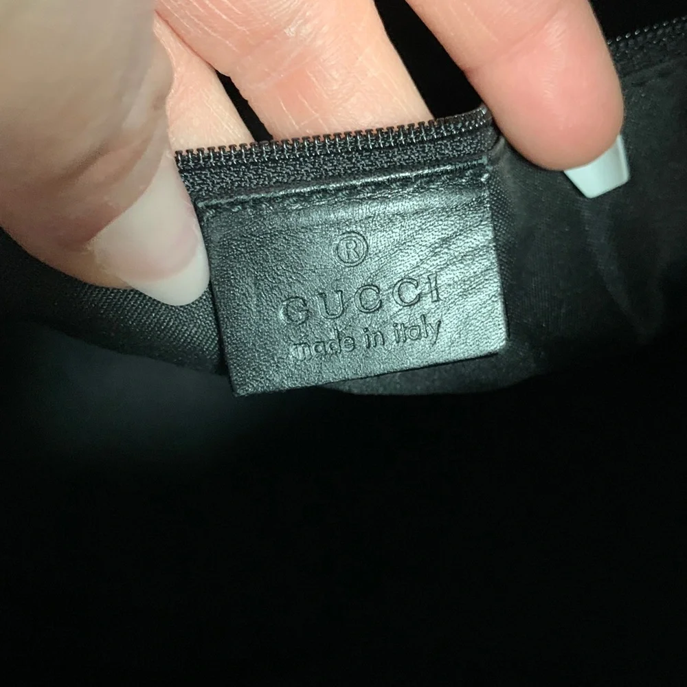 Authentic Gucci black leather and nylon jumbo GG hobo bag w bamboo handle